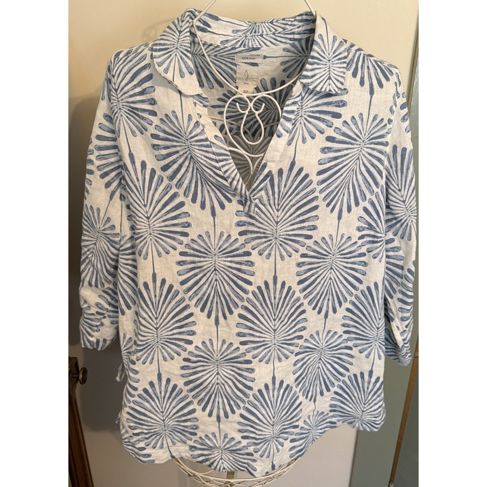 Joie 100% Linen novelty Tropical Print Button Down Shirt beach boho Size 1X - Picture 2 of 13